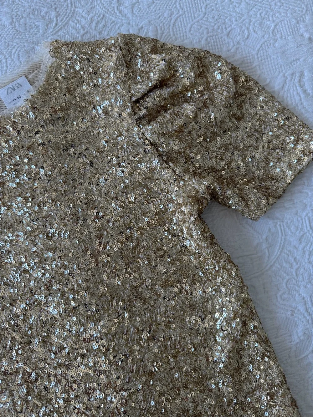 Zara Gold Sequin Puff Sleeve Top - Shimmery Short Sleeve Tee